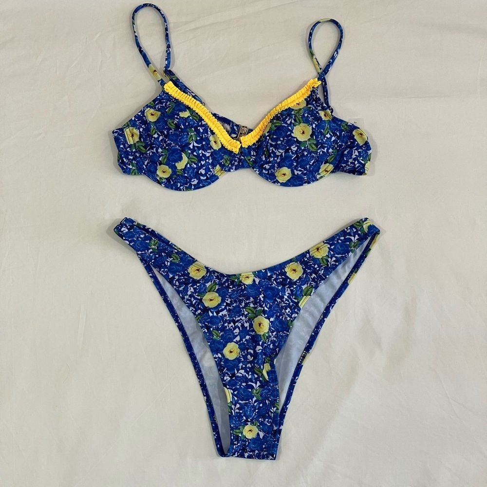 Frill Trim Blue Floral Bikini